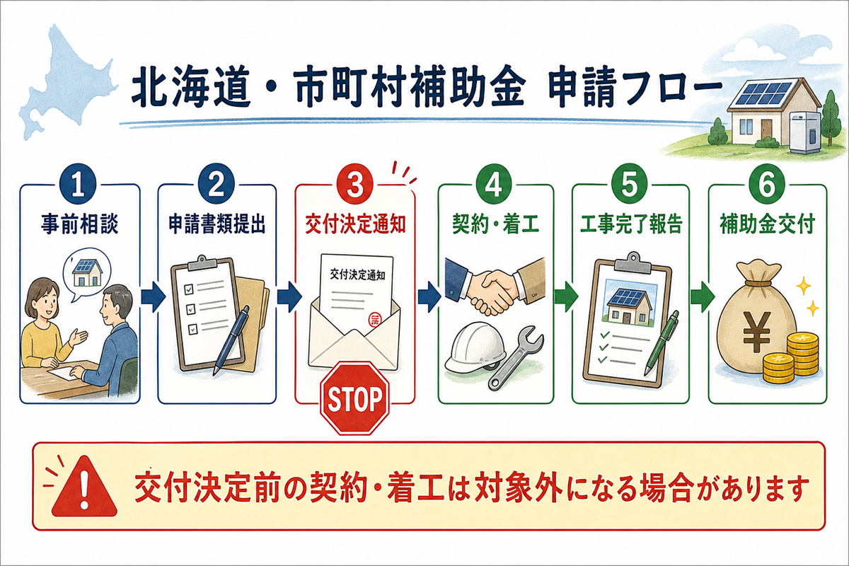 音更町ゼロカーボン補助金の申請フロー図。事前相談→申請→交付決定→工事→実績報告→交付の流れ