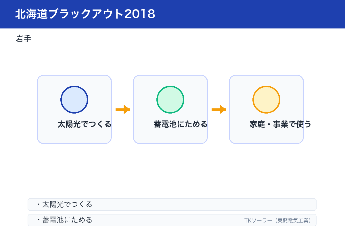 北海道の冬季停電リスクと、太陽光＋蓄電池＋V2Hによる多層防衛の概念図