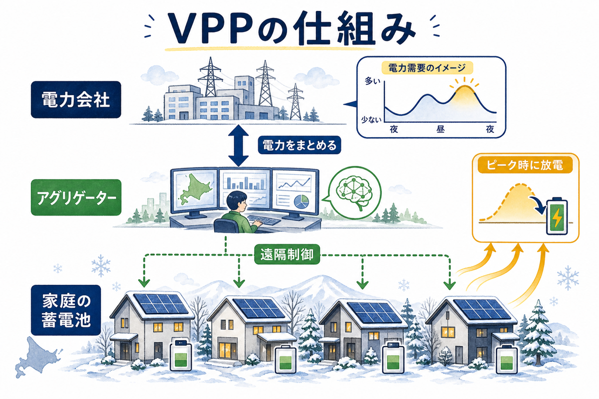 VPP(バーチャルパワープラント)の仕組みを3階層フローで図解した解説図。電力会社・アグリゲーター・家庭の蓄電池をつなぐ流れを示す