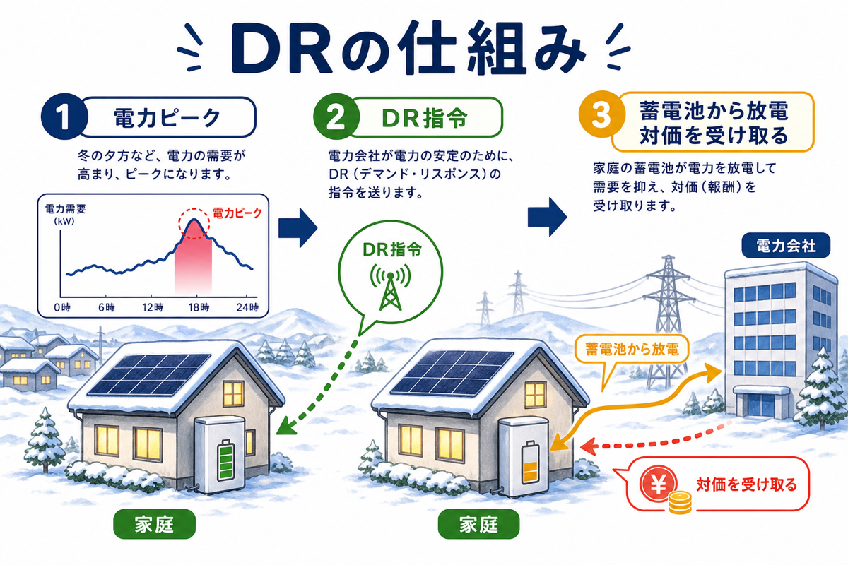 DR(デマンドレスポンス)の3ステップ(電力ピーク→DR指令→蓄電池放電・対価受取)を図解した解説図
