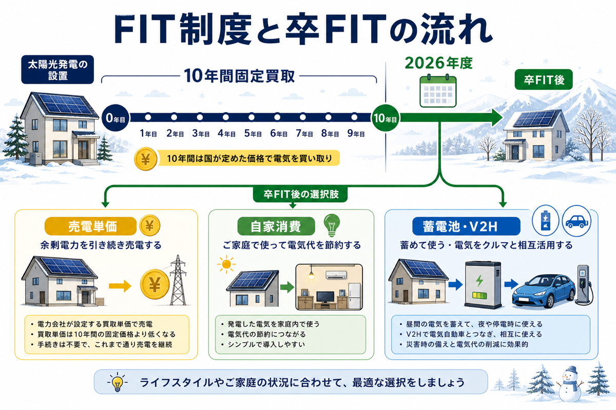 FIT（固定価格買取制度）の10年タイムラインと卒FIT後の選択肢、および2026年度の住宅用FIT売電単価を図解した解説図