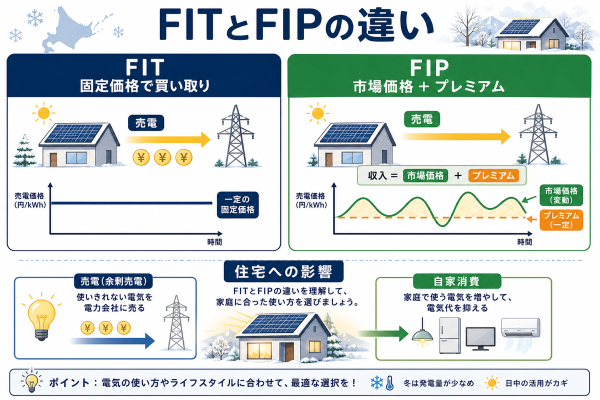 FIPとFITの違いを左右比較で図解し、FIP売電単価の計算式（市場参照価格＋環境価値プレミアム）を示した解説図