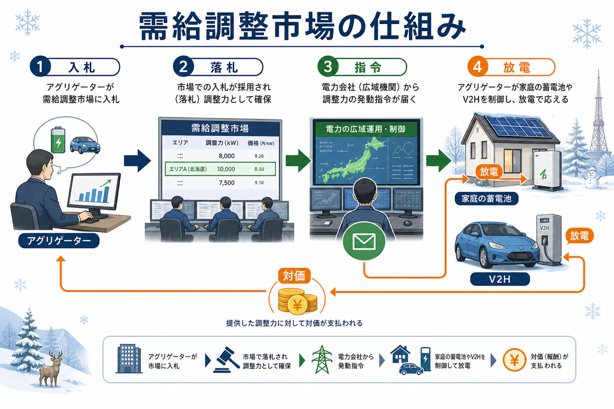 電力の需給調整市場の3ステップ(入札→落札→指令・放電)と、家庭の蓄電池・V2Hが対価を得る仕組みを図解した解説図