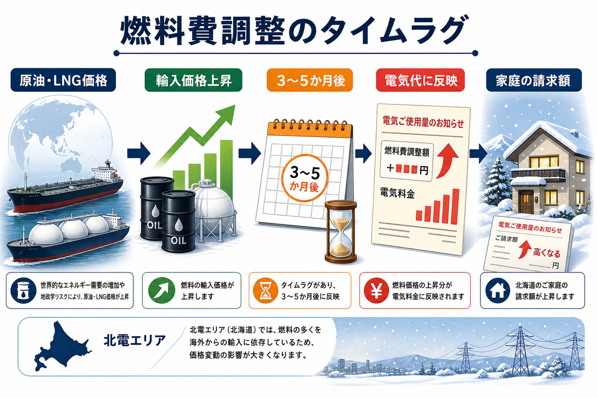 燃料費調整制度のタイムラグ(原油・LNG輸入価格上昇→3〜5か月後に電気代へ反映)を図解した解説図