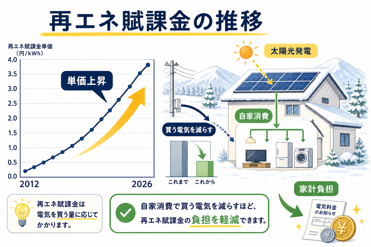 再エネ賦課金の単価推移（2012〜2026年）を折れ線グラフで示し、2026年度の標準家庭の年額負担を併記した解説図