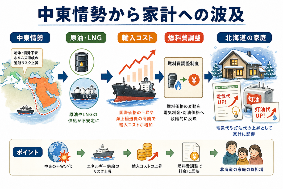 中東情勢→原油・LNG価格上昇→日本の輸入コスト増→燃料費調整額上昇→北海道家庭の電気・灯油代上昇という連鎖フローを図解した解説図
