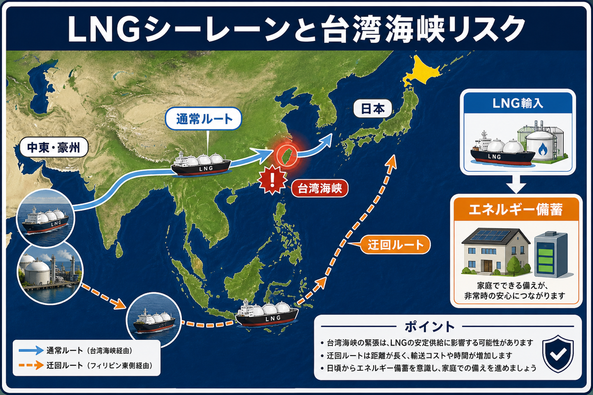 日本のLNG輸入シーレーン(中東・豪州→日本)と台湾海峡経由の通常ルート・フィリピン東側の迂回ルートを示した地図解説図