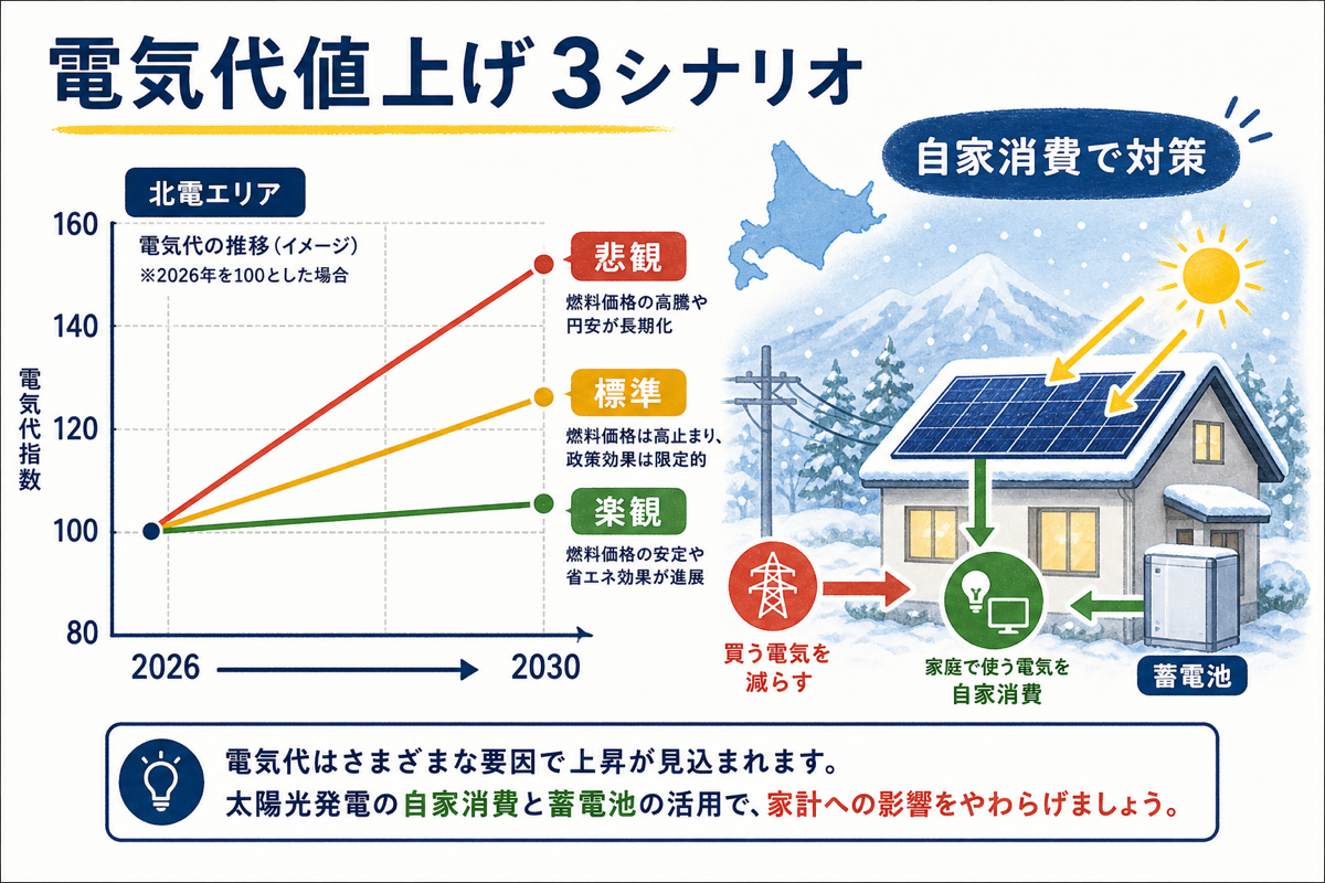 北電エリアの2026〜2030年電気代単価を楽観・標準・悲観の3シナリオで予測した折れ線グラフの解説図