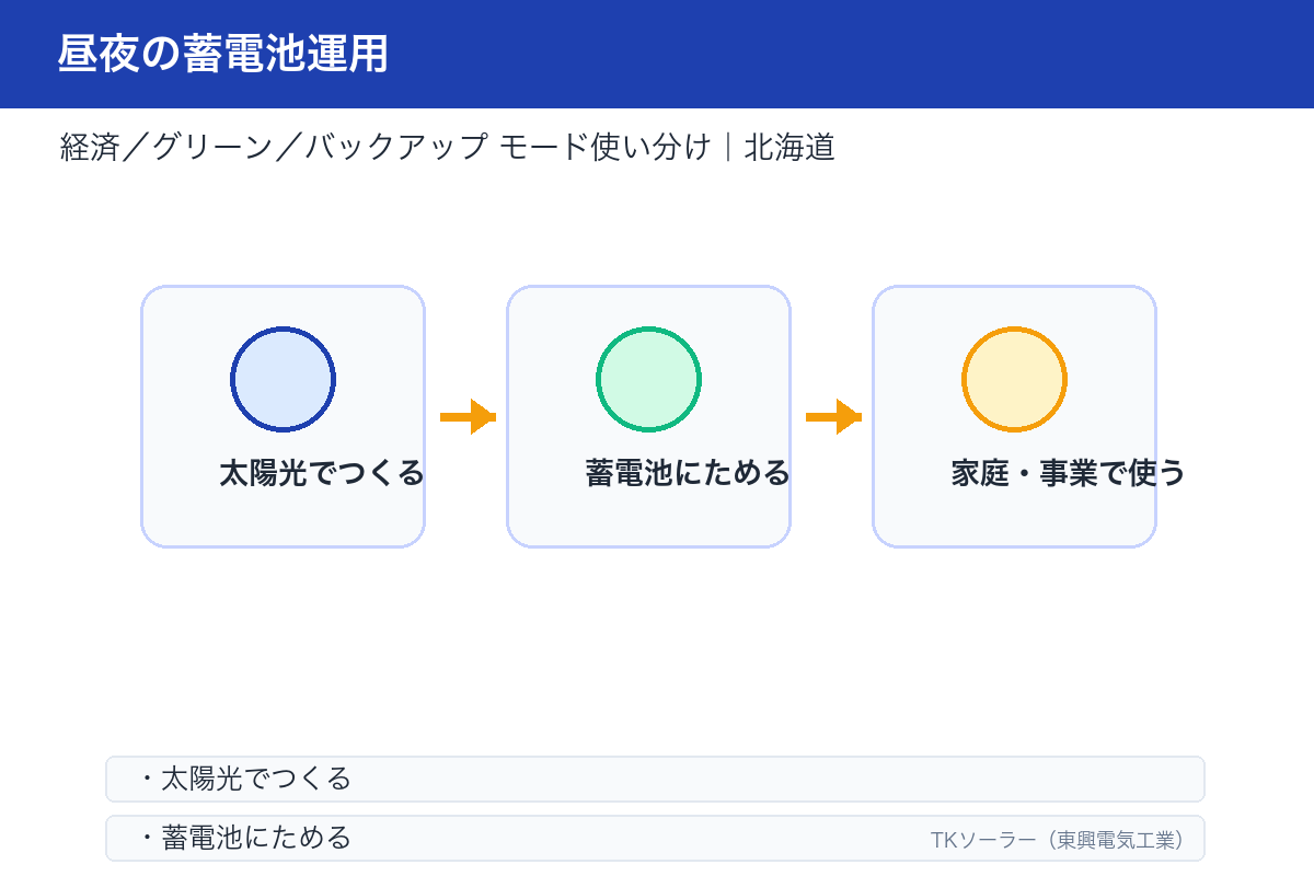 スマートハウスのHEMS図解イラスト。蓄電池モードをHEMSで切り替える仕組みを示す。