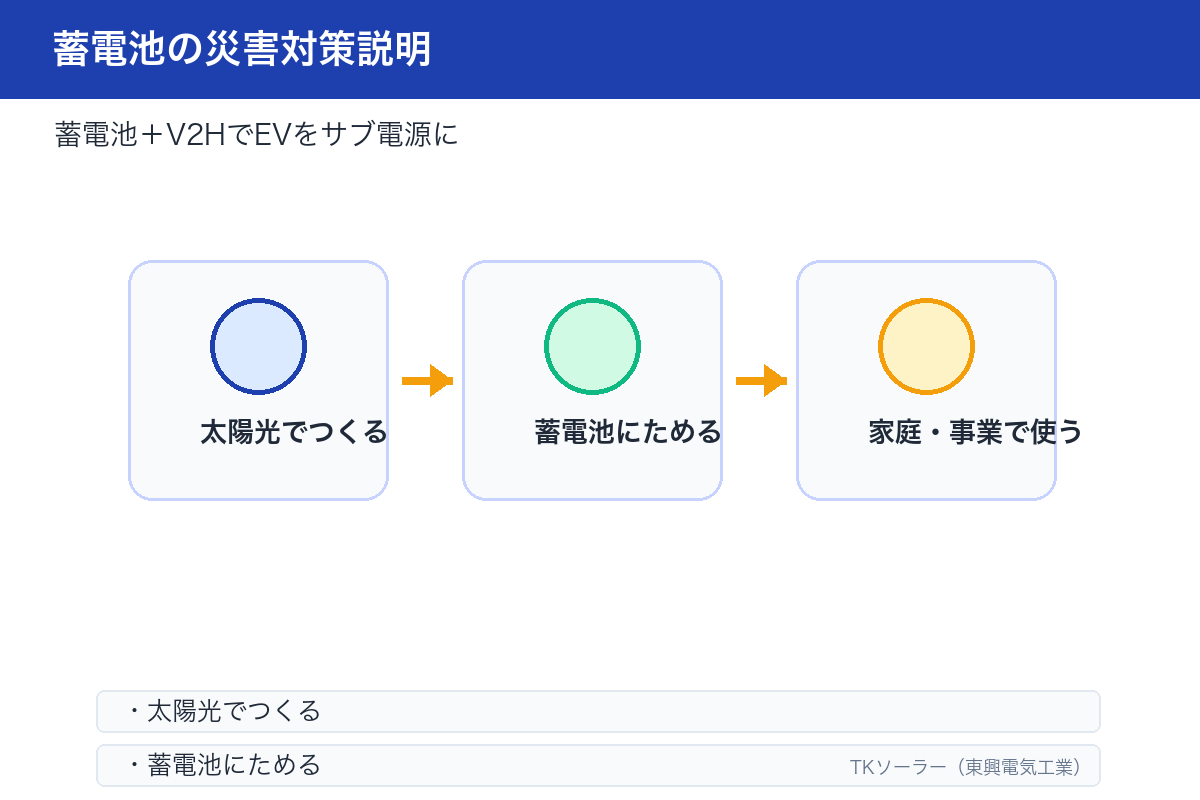 蓄電池の停電対策イラスト。停電3日間の電力供給シミュレーションを示す。