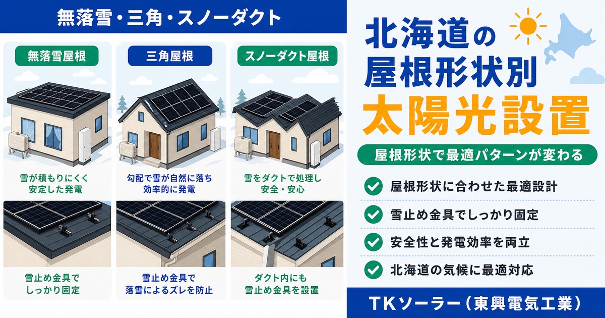 北海道の住宅で多い無落雪屋根・三角屋根・スノーダクト屋根の3形状別に太陽光パネル設置パターンを比較するTKソーラー(東興電気工業)のアイキャッチ画像