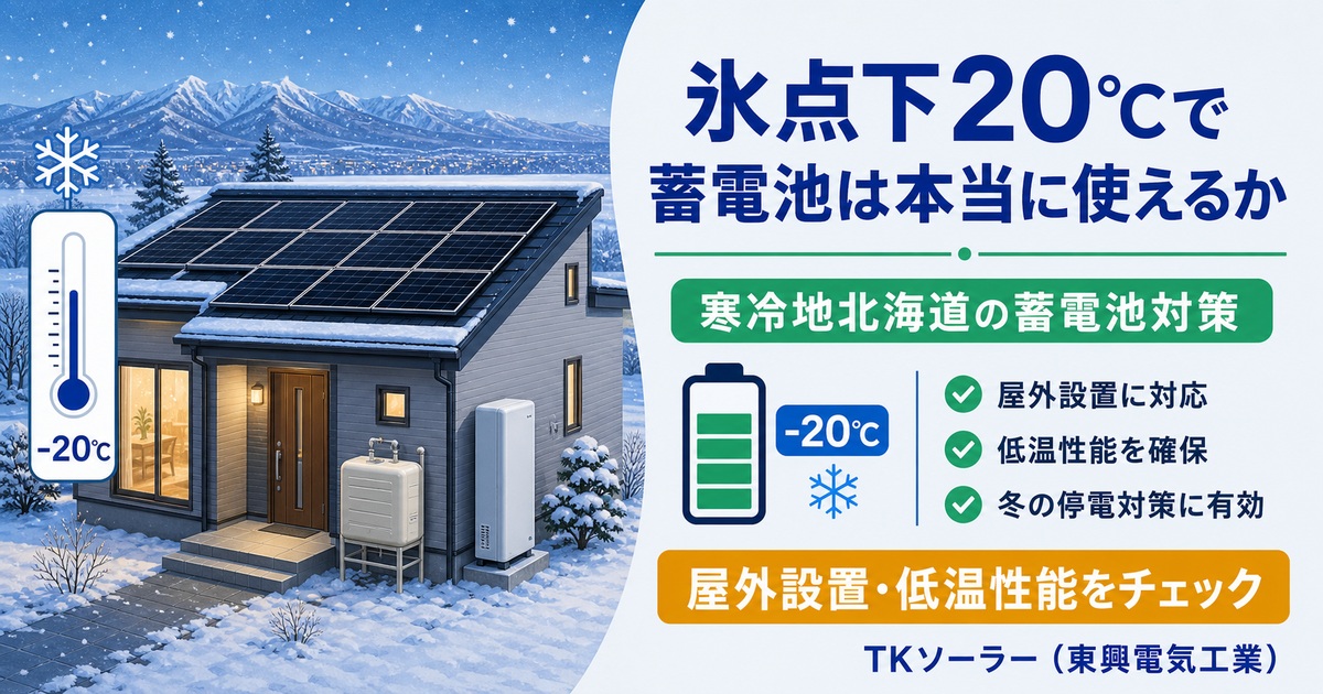 氷点下20℃の北海道屋外で蓄電池は本当に使えるのかをTKソーラー(東興電気工業)が検証する記事のアイキャッチ画像。断熱住宅の夏冬比較イラスト。