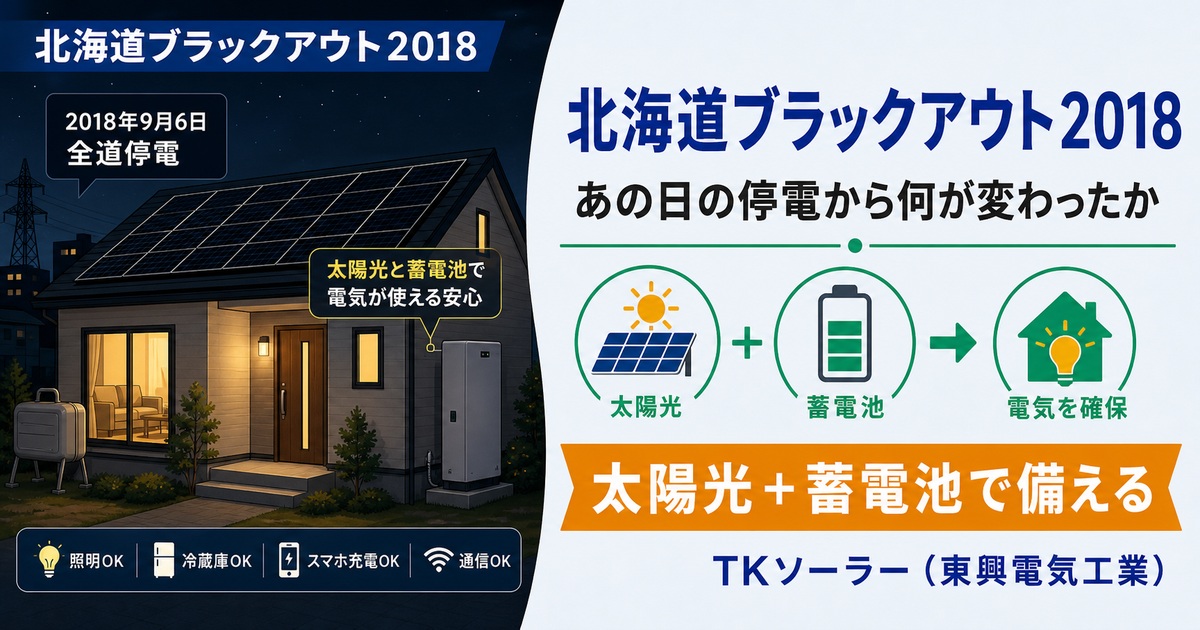 2018年北海道胆振東部地震に伴う全道ブラックアウトの記憶から、太陽光＋蓄電池による備えの重要性をTKソーラー（東興電気工業）が解説する記事のアイキャッチ画像