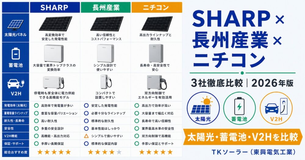 SHARP×長州産業×ニチコン 蓄電池3社徹底比較2026年版｜寒冷地での選び方