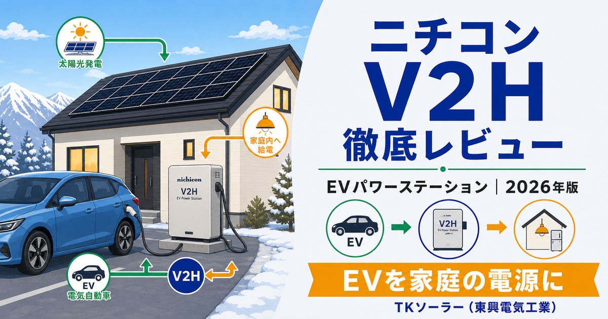 ニチコン EVパワーステーション(V2H)の実機写真をベースにTKソーラー(東興電気工業)が徹底レビューする記事のアイキャッチ画像