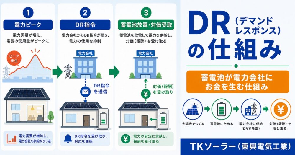 DR（デマンドレスポンス）とは｜蓄電池が電力会社にお金を生む仕組みを徹底解説｜TKソーラー（東興電気工業）