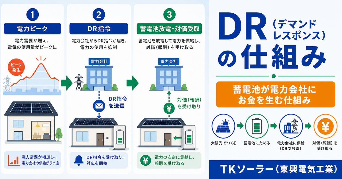 DR(デマンドレスポンス=電力会社の指令に応じて家庭の電気使用を調整する仕組み)で蓄電池が対価を生む仕組みを解説するブログ記事のアイキャッチ画像