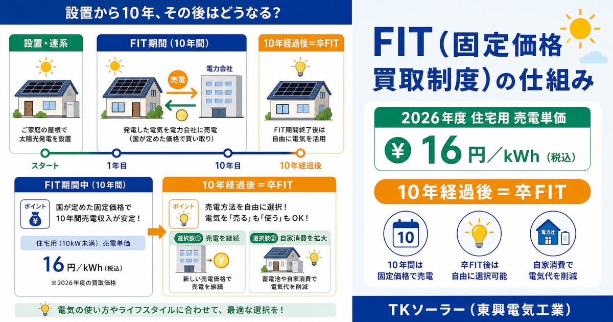FIT（固定価格買取制度＝太陽光発電の電気を国が決めた価格で買い取る制度）の2026年最新動向と卒FIT後の選択肢を解説するブログ記事のアイキャッチ画像