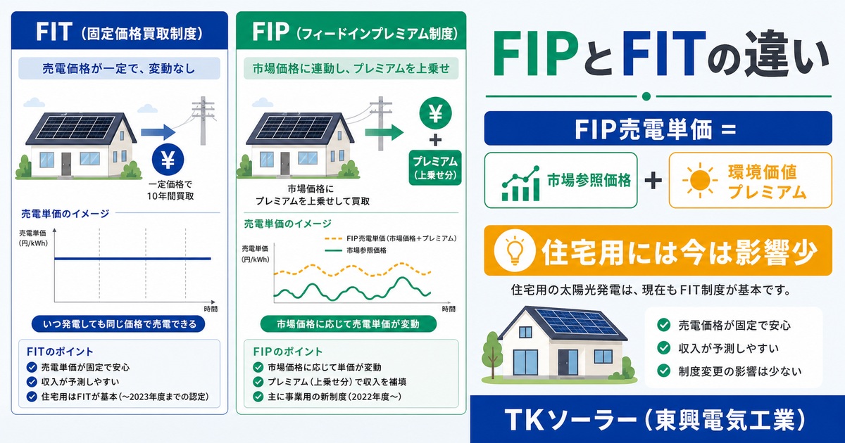 FIP（市場連動型買取制度＝市場価格＋プレミアムで売電する制度）とFIT（固定価格買取制度）の違いを住宅オーナー向けに解説するブログ記事のアイキャッチ画像