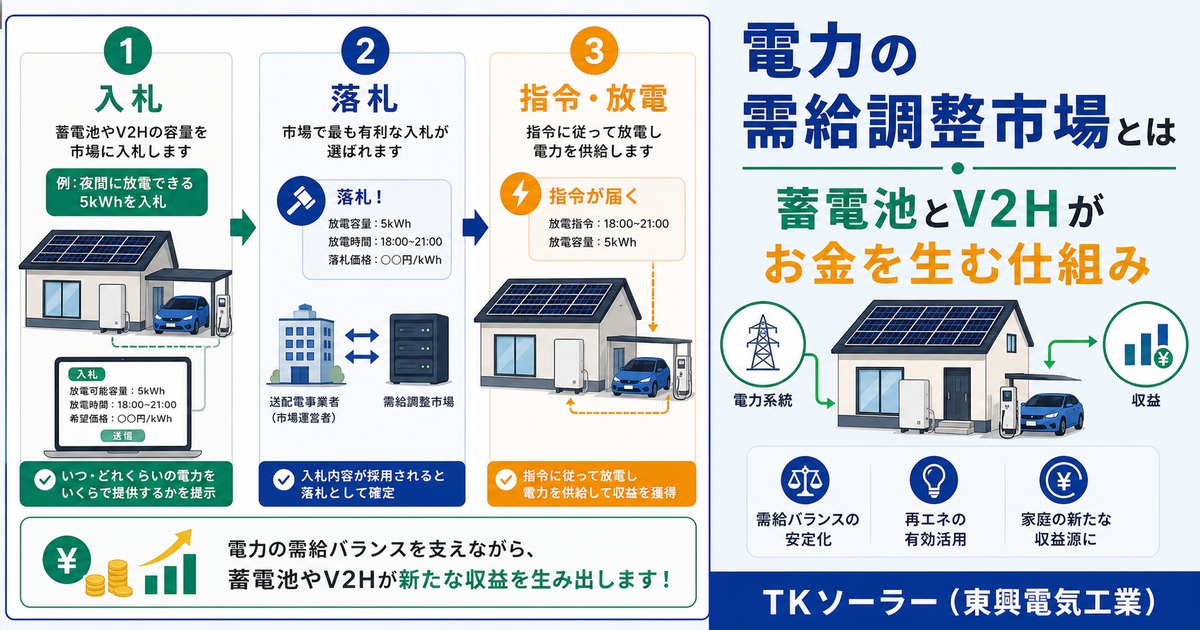 電力の需給調整市場とは何か、家庭の蓄電池・V2Hがどのように対価を生むのかを解説するブログ記事のアイキャッチ画像