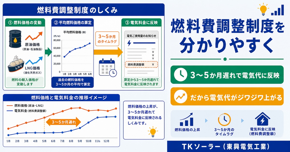 燃料費調整制度(火力発電に使う原油・LNGの輸入価格を電気代に反映する仕組み)を北電エリアの電気代を例に解説するブログ記事のアイキャッチ画像