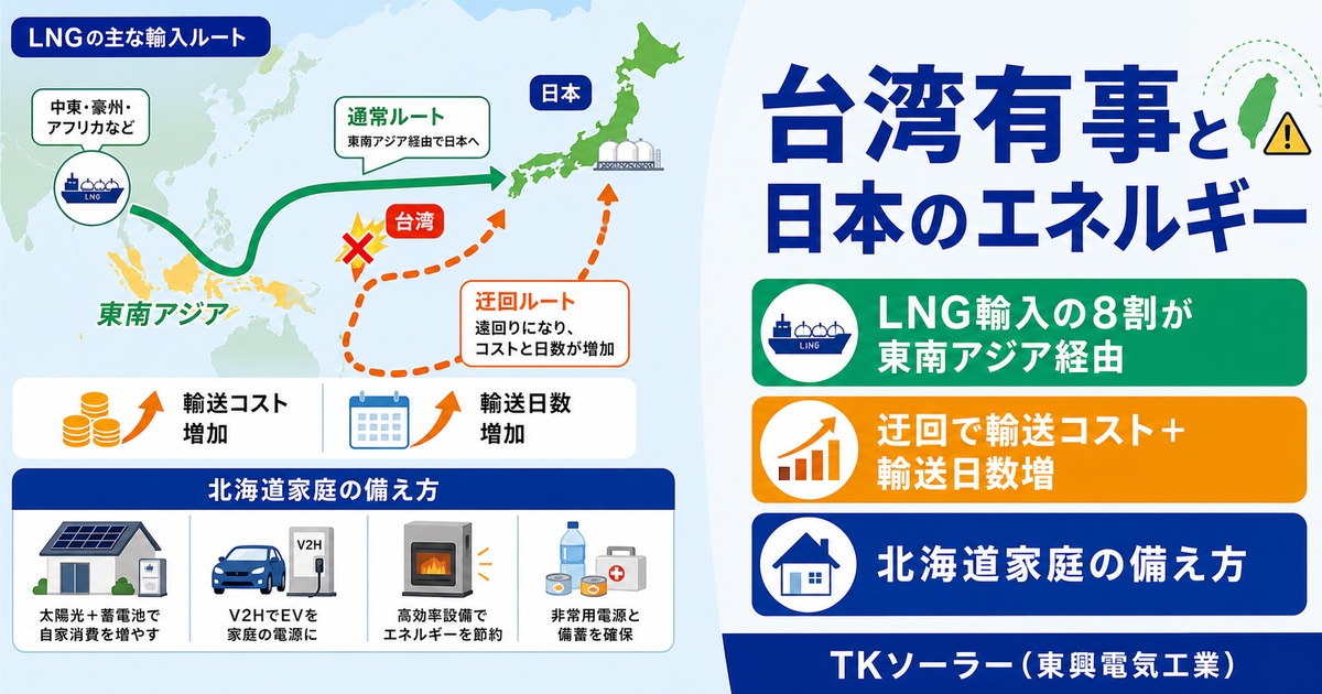 台湾有事リスクと日本のLNG輸入シーレーン、北海道家庭のエネルギー備蓄を解説するブログ記事のアイキャッチ画像