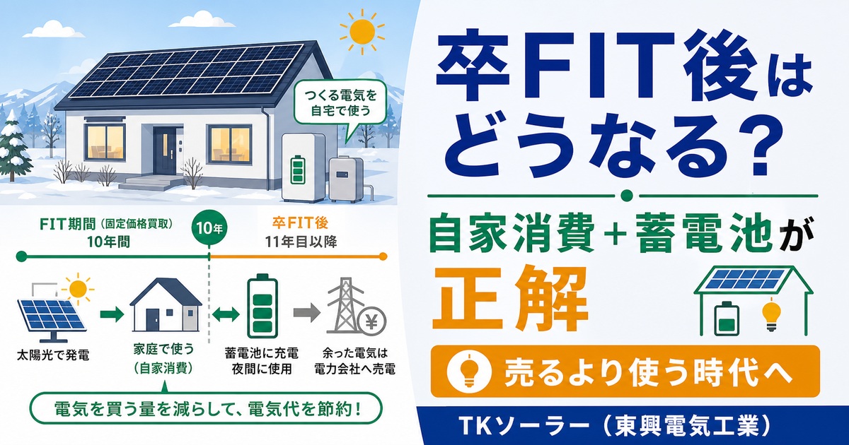 北海道の戸建てオーナー向けに、太陽光FIT固定買取10年経過後(卒FIT)の売電単価変化と自家消費+蓄電池切替モデルを示すROIチャートのアイキャッチ画像。TKソーラー(東興電気工業)が解説。