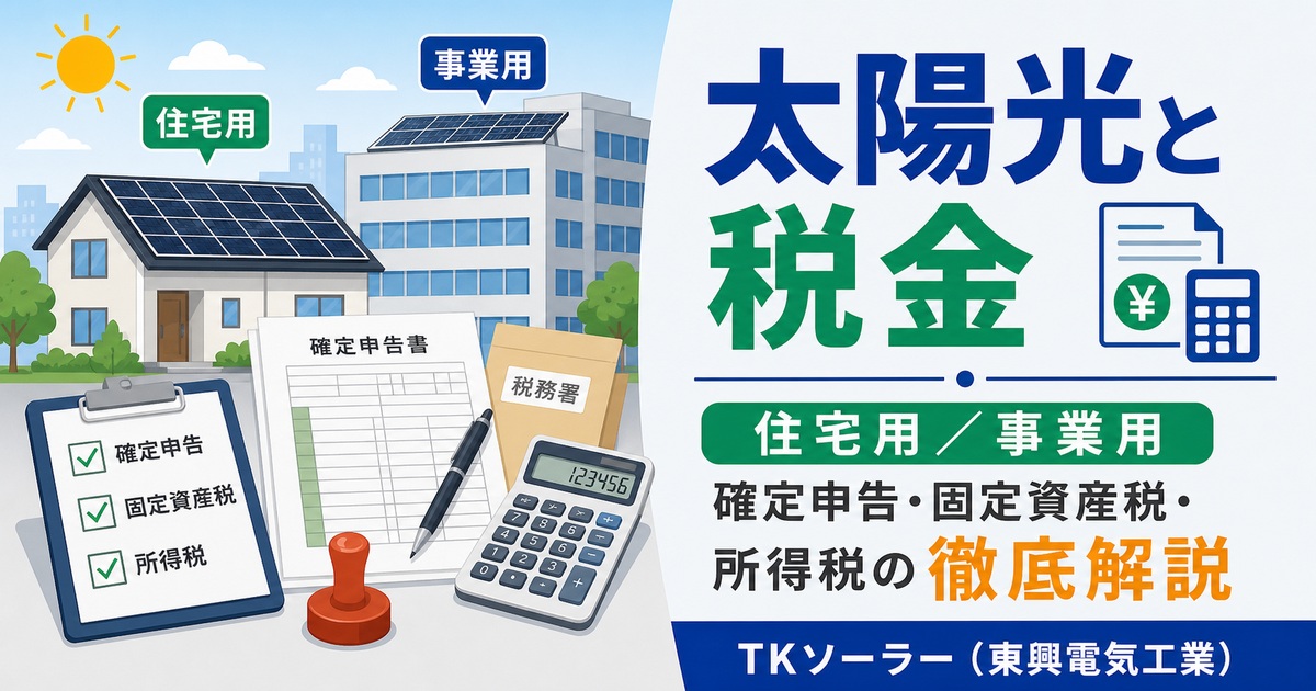 太陽光発電の住宅用・事業用ごとの税金（所得税・固定資産税・消費税）と確定申告の必要性を整理した記事のアイキャッチ画像。TKソーラー（東興電気工業）が解説。