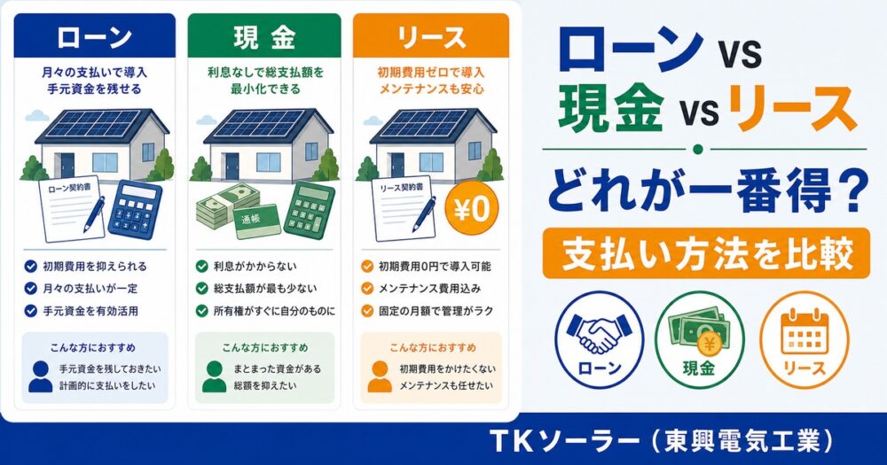 太陽光・蓄電池の支払いはどれが得？ローン vs 現金 vs リース｜TKソーラー（東興電気工業）