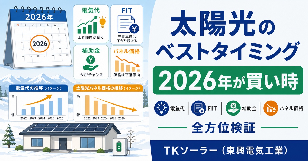 太陽光・蓄電池の導入ベストタイミングを電気代・FIT単価・補助金・パネル価格の4軸で2026年が買い時か検証する記事のアイキャッチ画像。TKソーラー(東興電気工業)が解説。