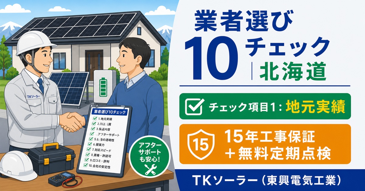 北海道（釧路・帯広・十勝）の戸建てオーナー向けに、太陽光・蓄電池業者を選ぶ際の必須チェックリストをTKソーラー（東興電気工業）が解説する記事のアイキャッチ。信頼できる業者との握手イラスト。