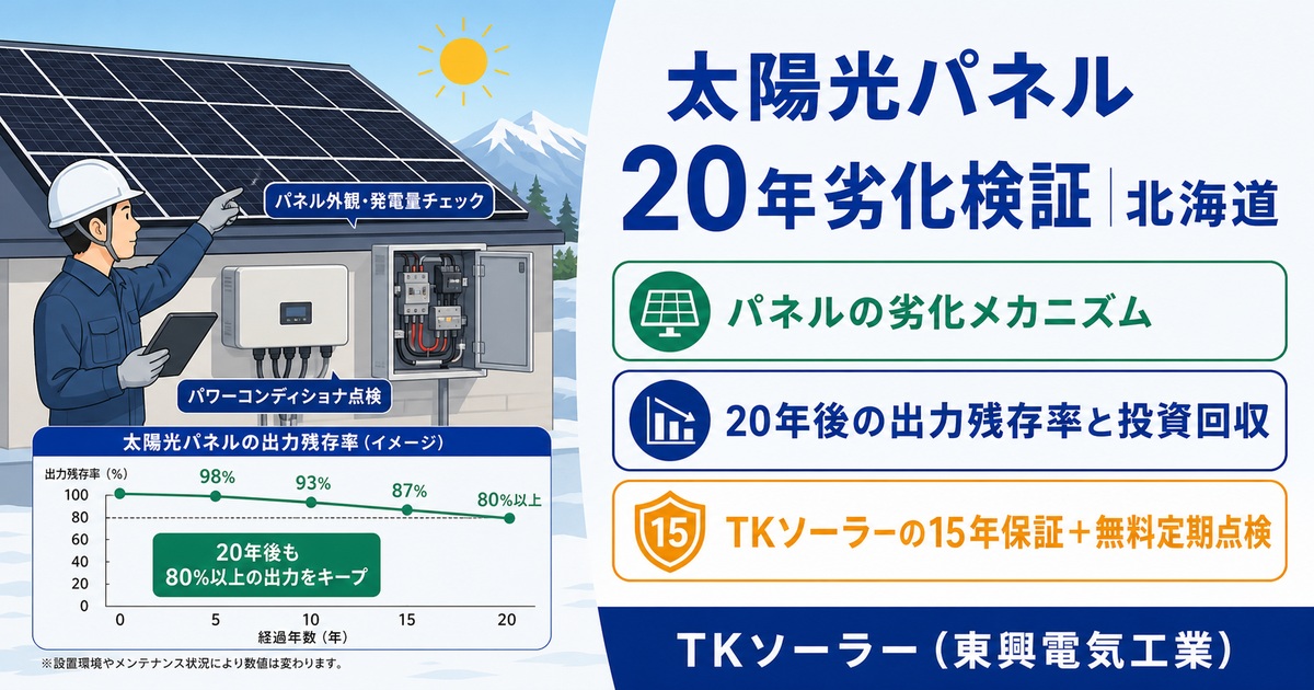 北海道（釧路・帯広・寒冷地）で20年使用した太陽光パネルの劣化状況をTKソーラー（東興電気工業）が検証する記事のアイキャッチ。パワコン点検作業の写真。