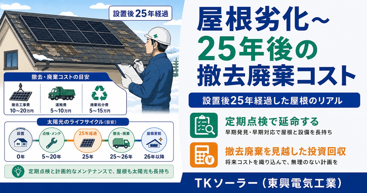 北海道(釧路・帯広・寒冷地)で太陽光パネル設置後25年経った時の屋根劣化・撤去廃棄コストの実態をTKソーラー(東興電気工業)が解説する記事のアイキャッチ。点検フロー図のイメージ。
