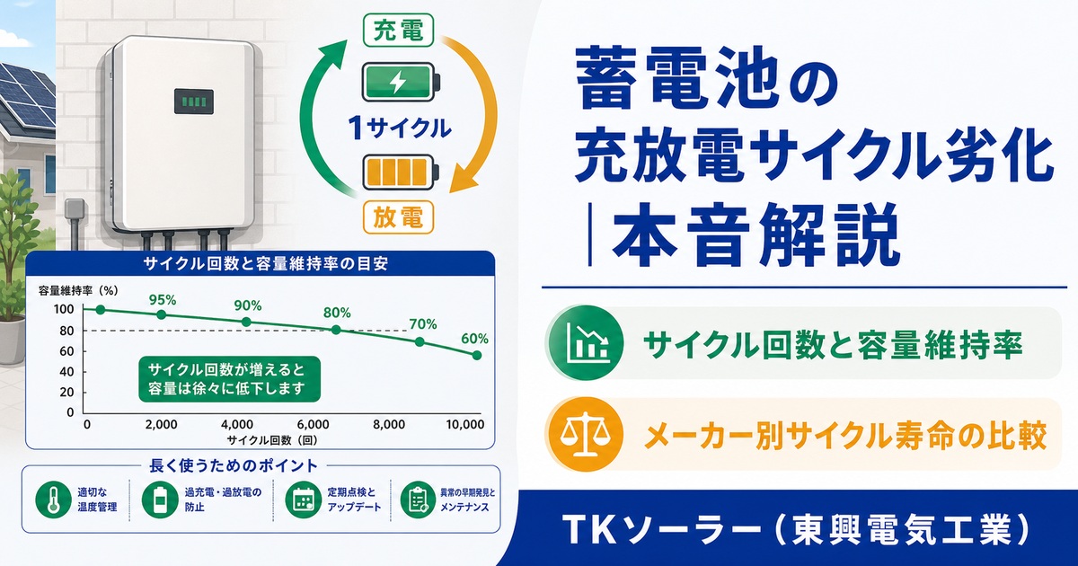 北海道（釧路・帯広・寒冷地）で蓄電池の充放電サイクル劣化と寿命の関係をTKソーラー（東興電気工業）が本音解説する記事のアイキャッチ。屋外設置型蓄電池のイラスト。