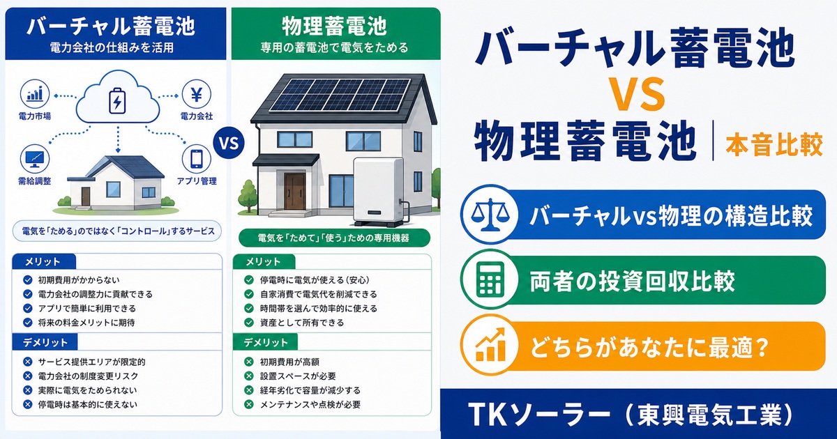 北海道(釧路・帯広・寒冷地)でバーチャル蓄電池プラン(電力会社)と物理蓄電池(自宅設置)のどちらが得かをTKソーラー(東興電気工業)が本音比較する記事のアイキャッチ。スマートハウスHEMS図解イラスト。