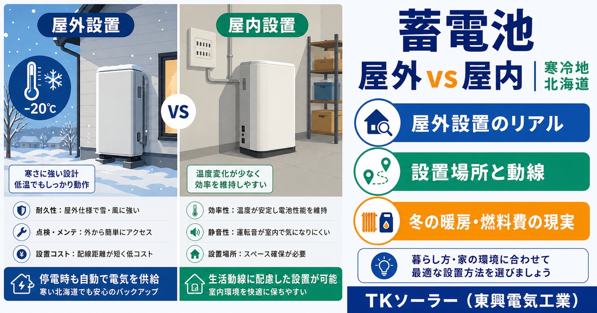 北海道(釧路・帯広・寒冷地)で蓄電池を屋外設置するか屋内設置するか、メリット・デメリットをTKソーラー(東興電気工業)が比較解説する記事のアイキャッチ。蓄電池の停電対策イラスト。