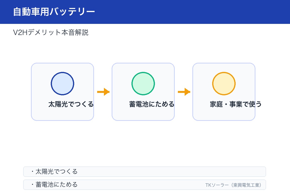 屋外設置型蓄電池のイラスト。V2Hと固定蓄電池の使い分けを示す。